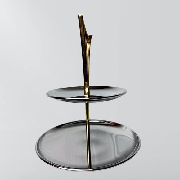 Vintage Mid Century MCM Atomic Chrome & Brass 2 Tiered Serving Tray - Picture 2 of 4